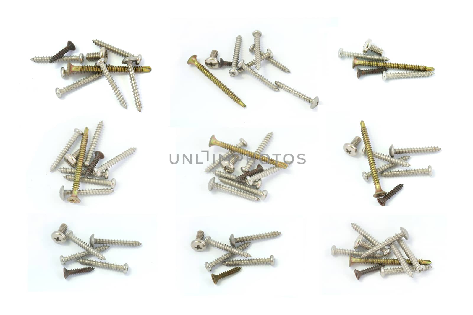Six shots of many different screws on white background