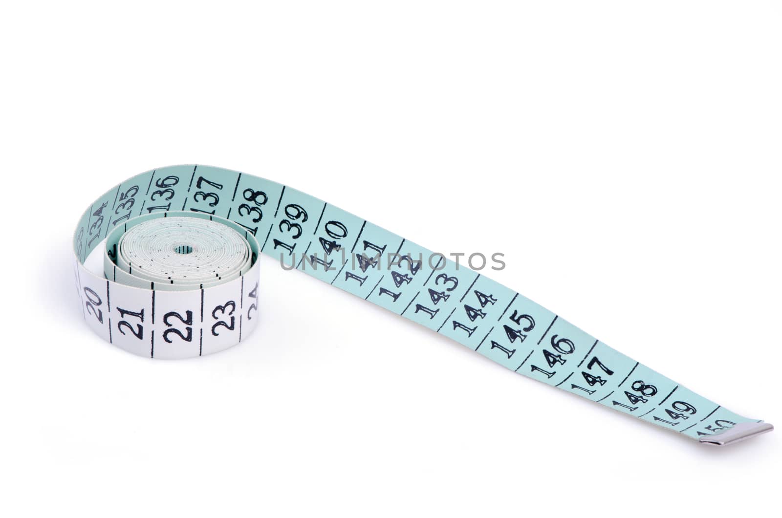Blue white rolled measuring tape isolated on white background.