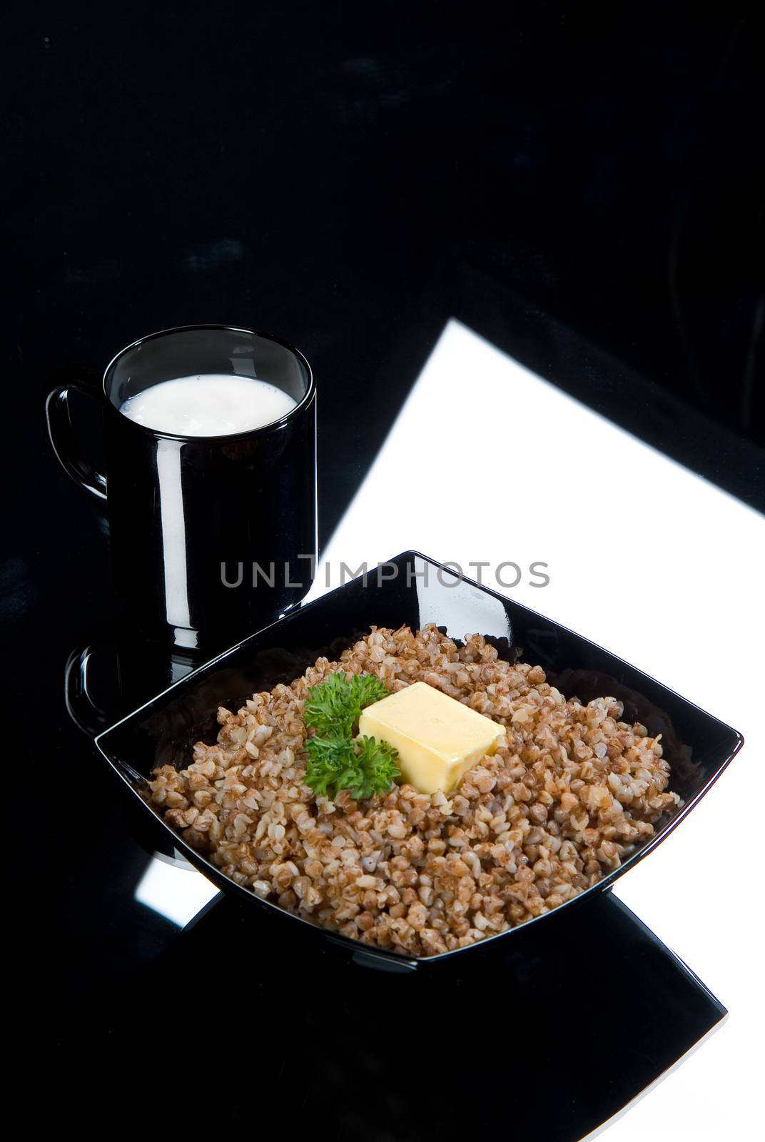 Boiled buckwheat and a glass of milk