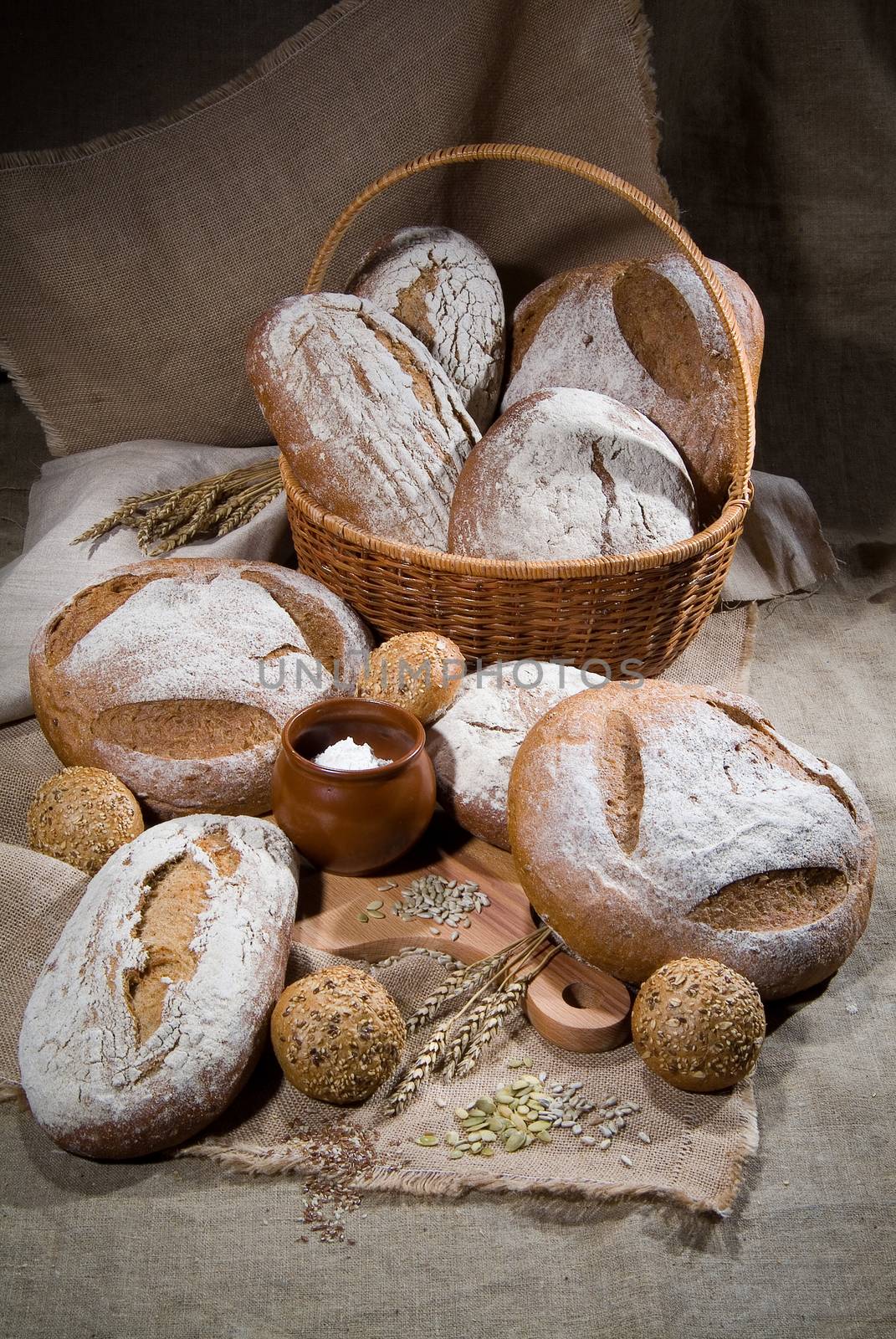 Different kinds of bread and pastry