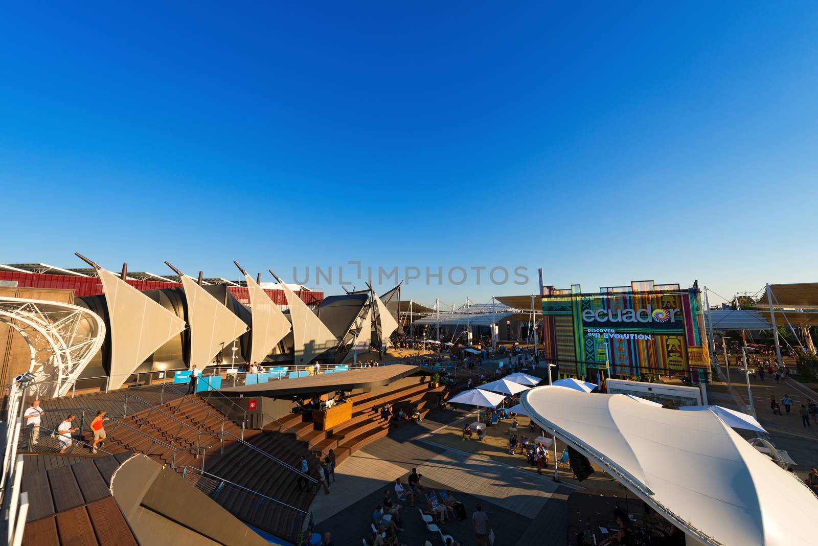 MILAN, ITALY - AUGUST 31, 2015: Kuwait, Germany and Ecuador pavilions at Expo Milano 2015, universal exposition on the theme of food, in Milan, Lombardy, Italy, Europe