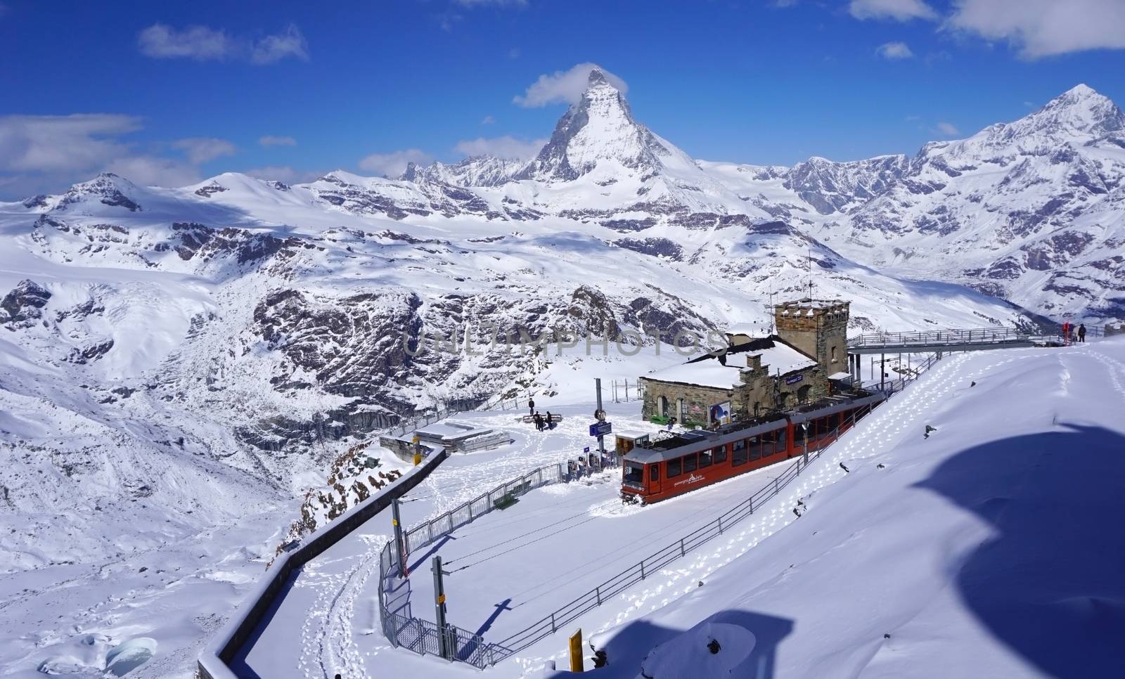 Scenery of Gornergrat train station with Matterhorn peak in the background, Zermatt, Switzerland