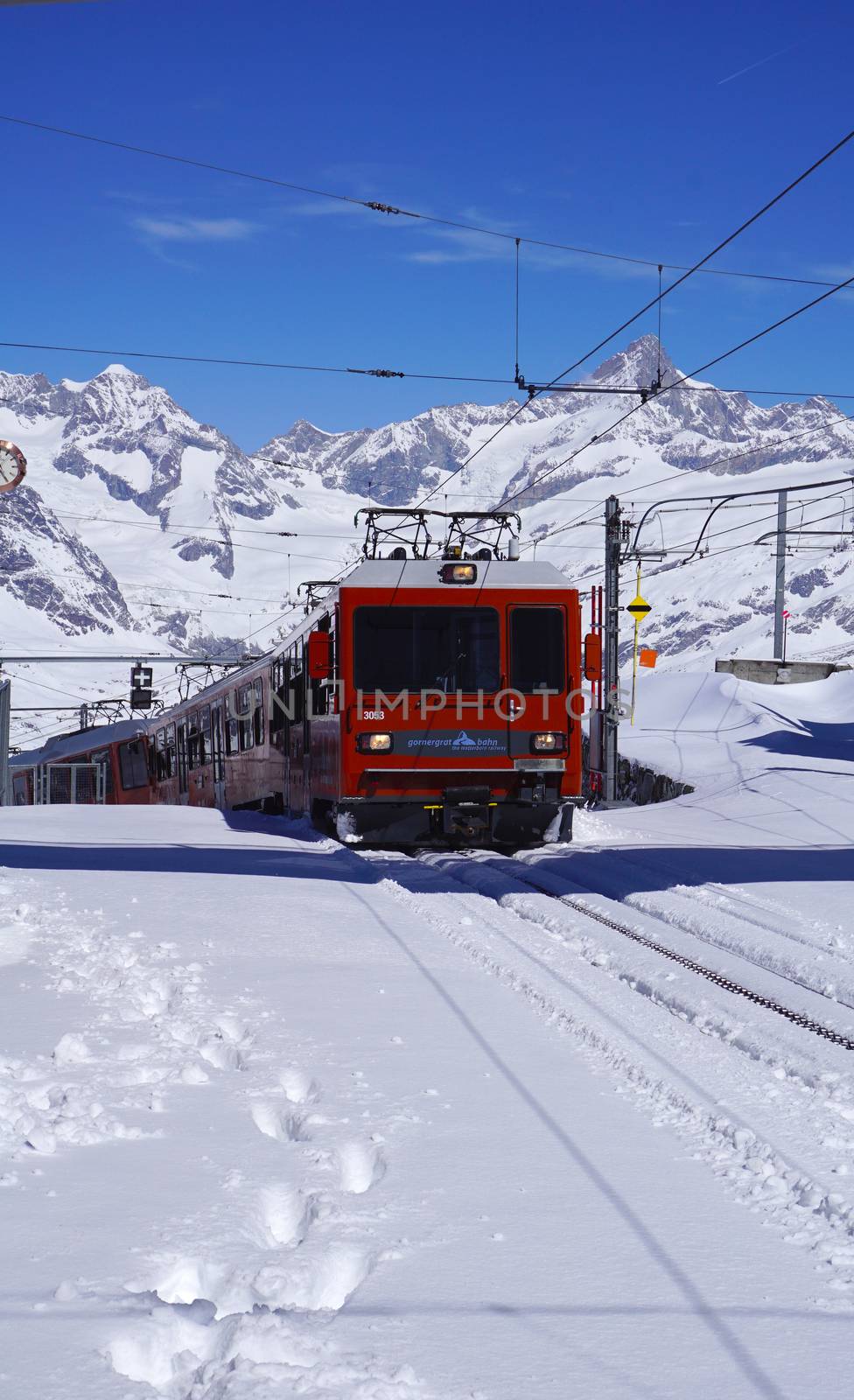 Scene of train running at Gornergrat station, Matterhorn, Zermatt, Switzerland