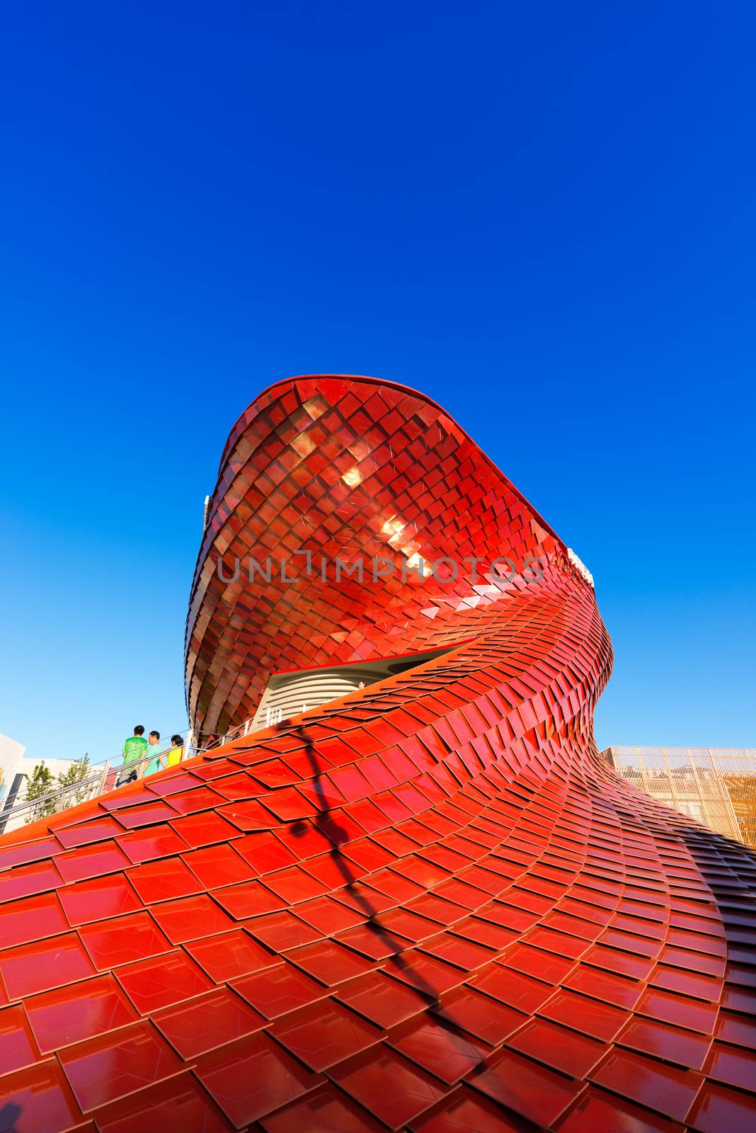 MILAN, ITALY - AUGUST 31, 2015: Vanke pavilion (leader in the Chinese real estate) at Expo Milano 2015, universal exposition on the theme of food, in Milan, Lombardy, Italy, Europe