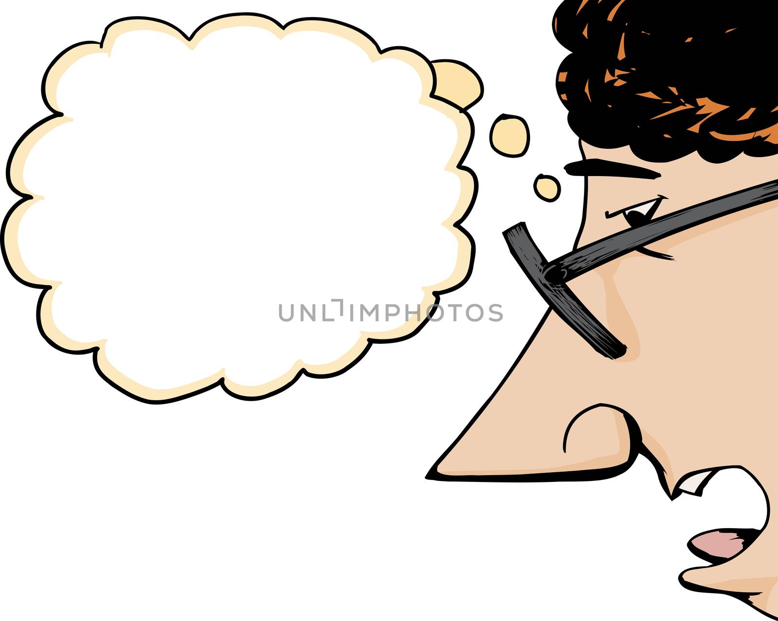 Cartoon of single man with eyeglasses and thought bubble