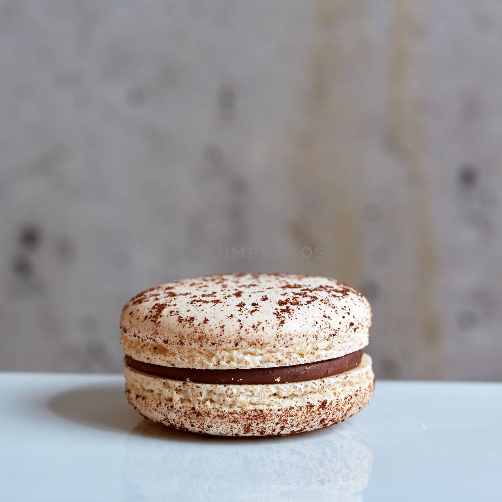 Sweet handmade macaroon on grey background. Shallow dof