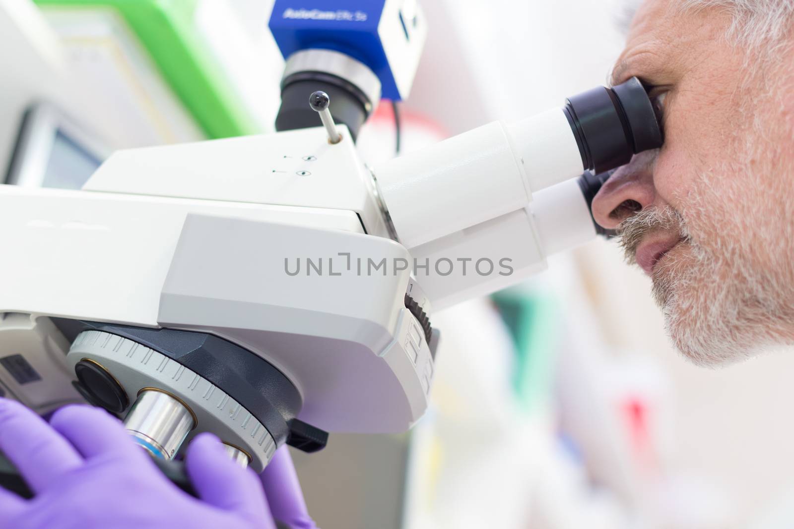 Senior scientist  microscoping in lab. by kasto