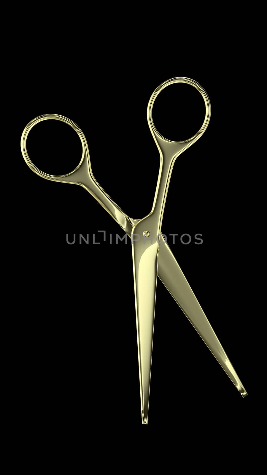 Isolated Golden Scissors on a black background. 3d render.