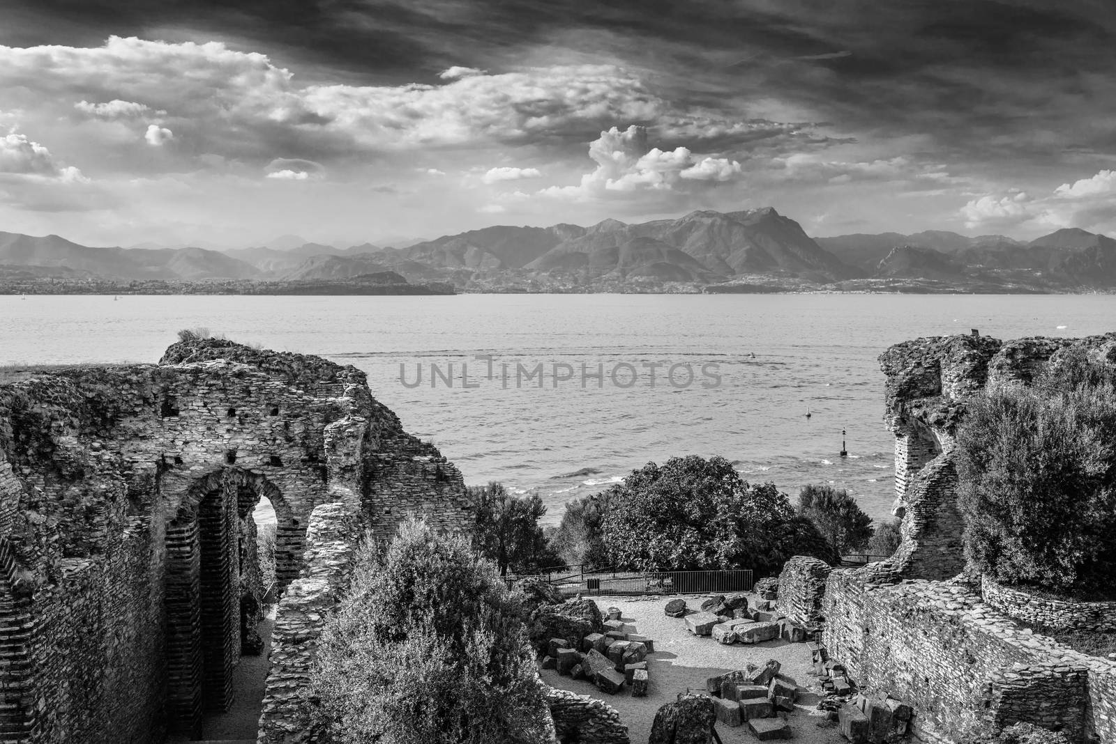 Garda lake view from Caves of Catullus,the Roman villa knows as Villa Catulliana or "Grotte di Catullus",the 1st century BC.