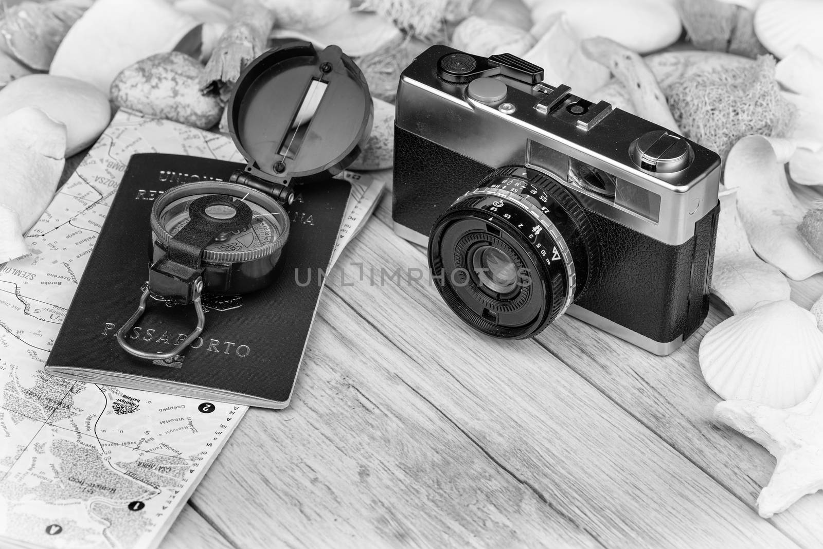 In the picture an analog camera film , a compass, passaport and a map, on the sides shells and decorative stones .