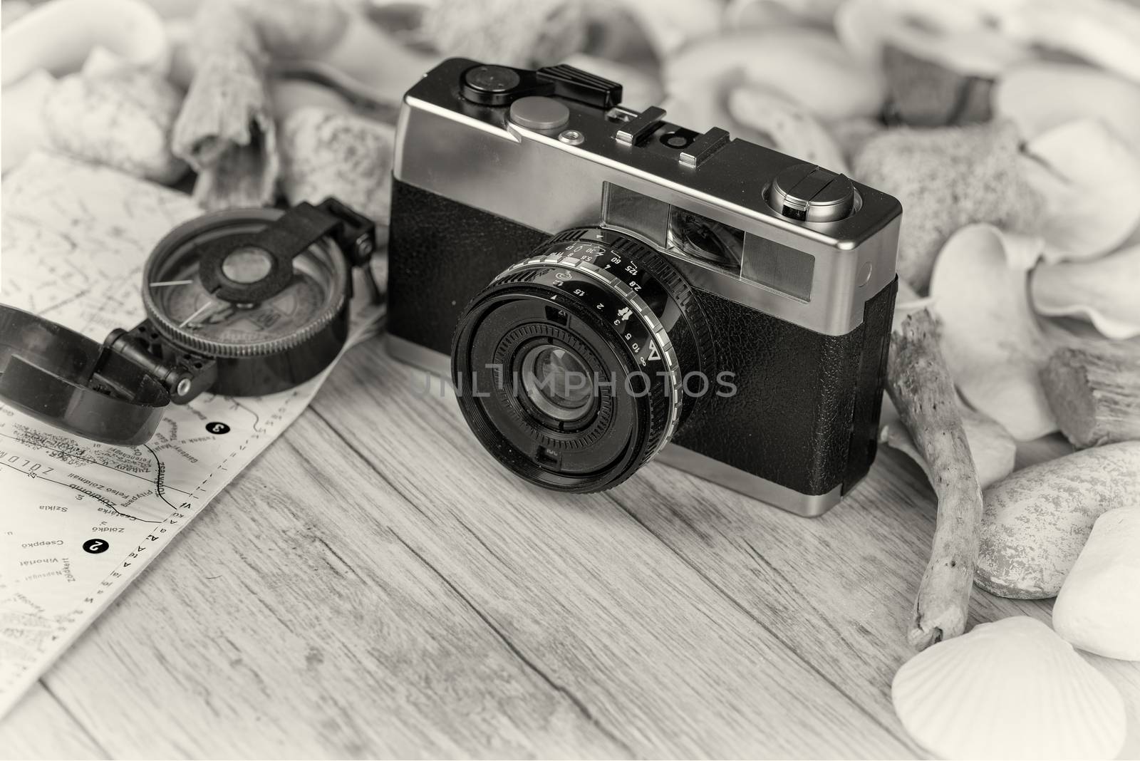 In the picture an analog camera film , a compass and a map, on the sides shells and decorative stones .
