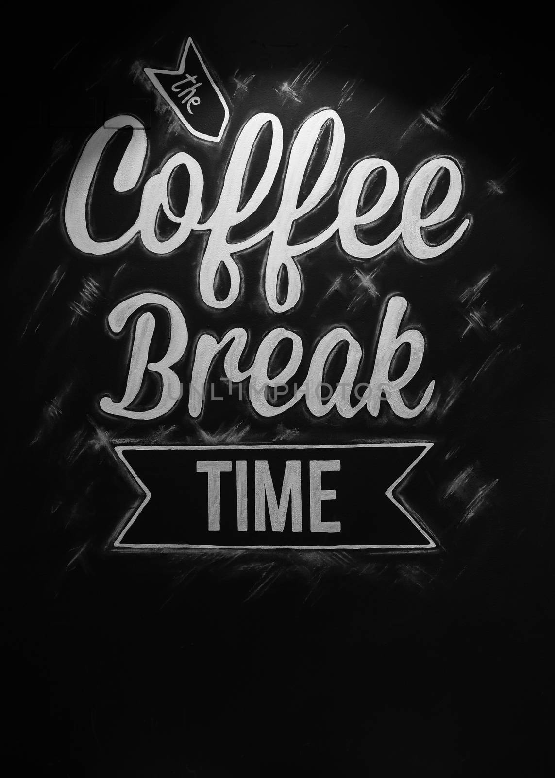 Poster lettering the coffee break time, stylized inscription in chalk on a blackboard.