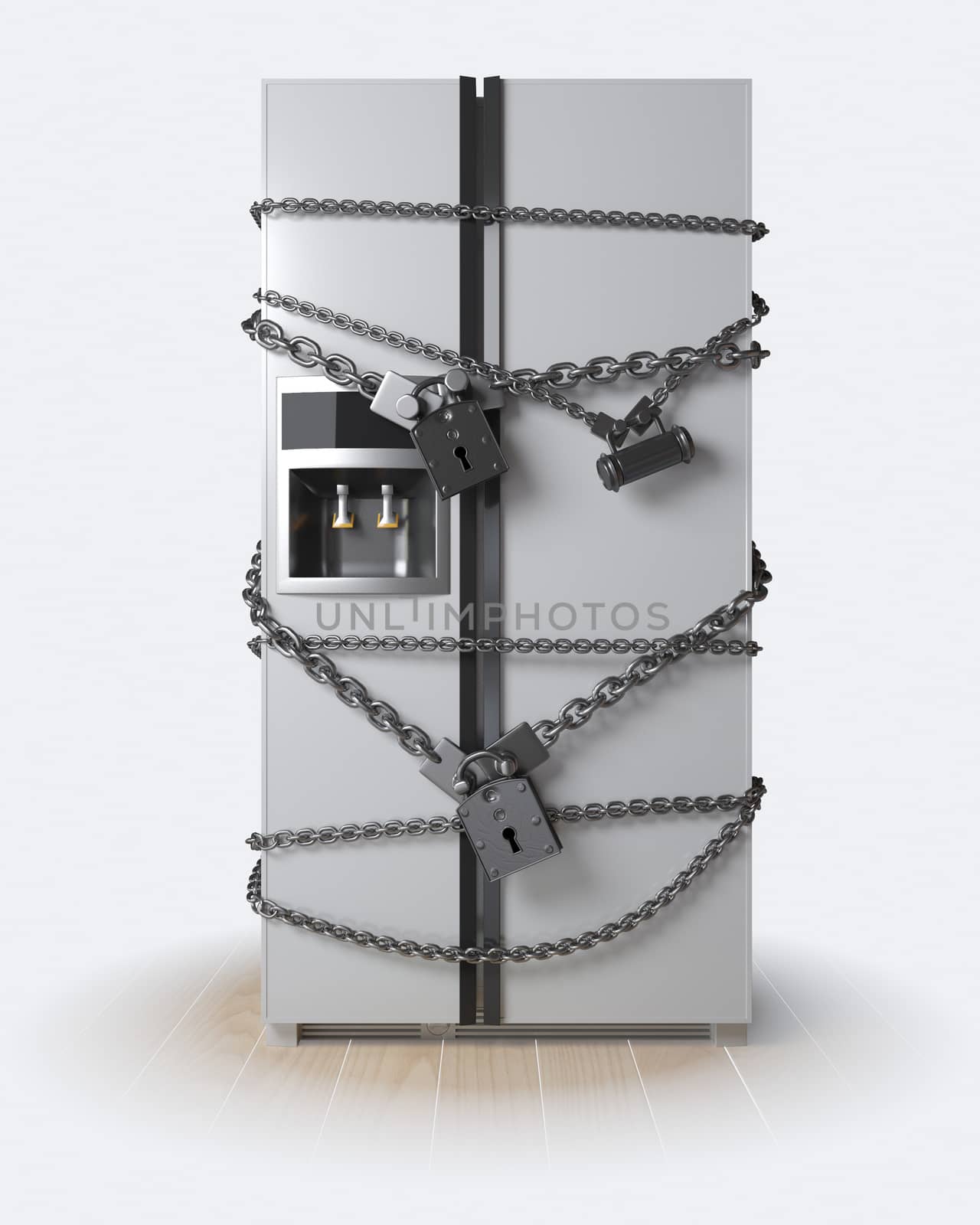 Dieting concept. Refrigerator, chain and lock