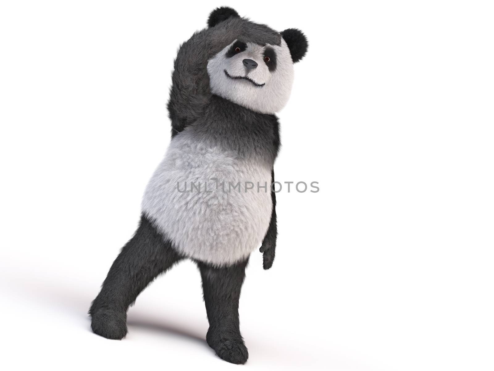 character doll giant panda looks afar closing his hand eyelid. bamboo fluffy plush toy bear. the future of endangered species. cover eyes from the sun with his paw. character looks into the distance