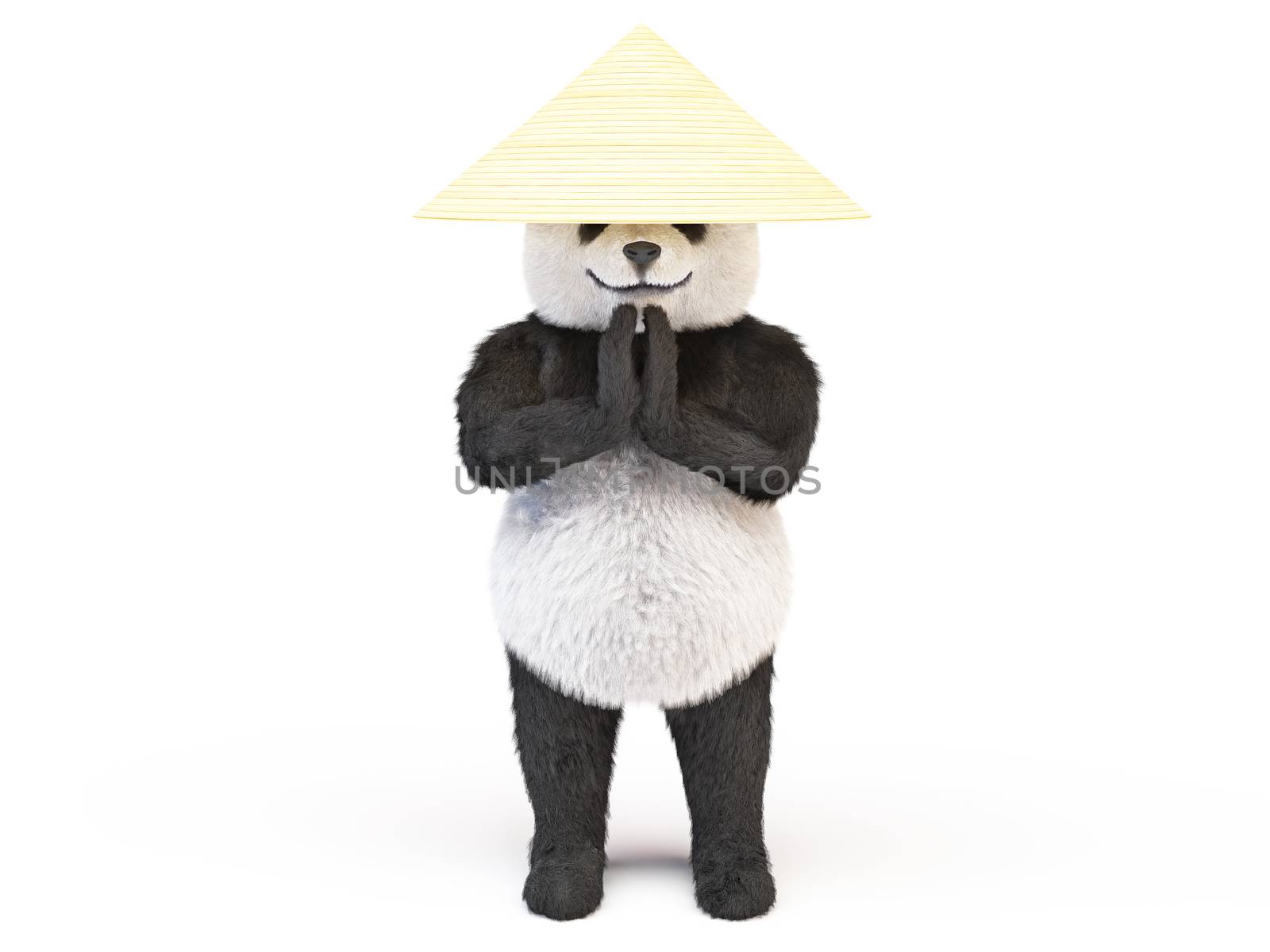 concentrated relaxed kung fu panda asian straw hat standing respectful namaste posture clasped hands greeting. animal engaged Chinese martial arts in hat collector rice. Illustration about cute bear