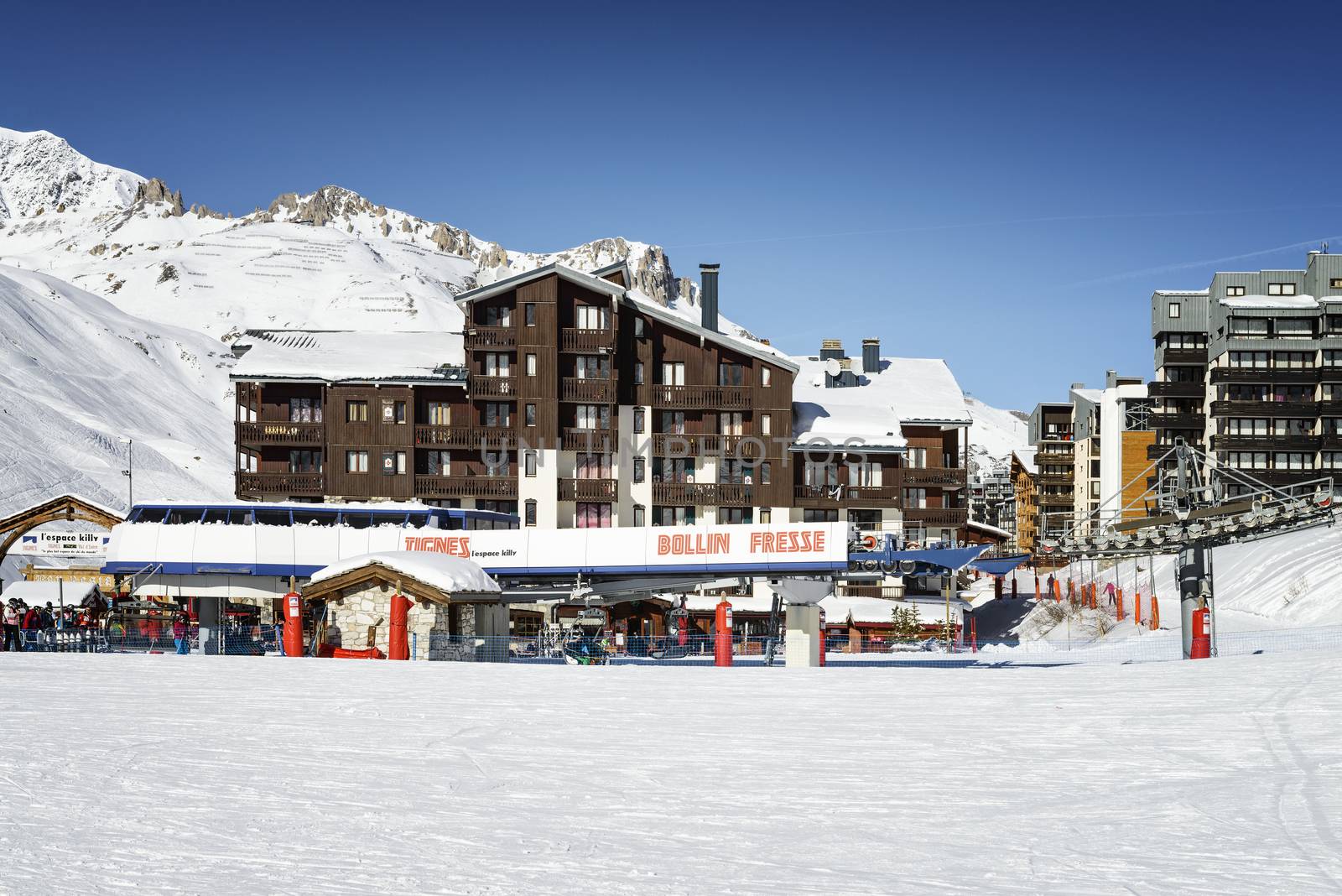 TIGNES, FRANCE - FEBUARY 09, 2015 : Tignes - Le Clavet-the famous ski resort in Tarentaise, french alps, France in winter