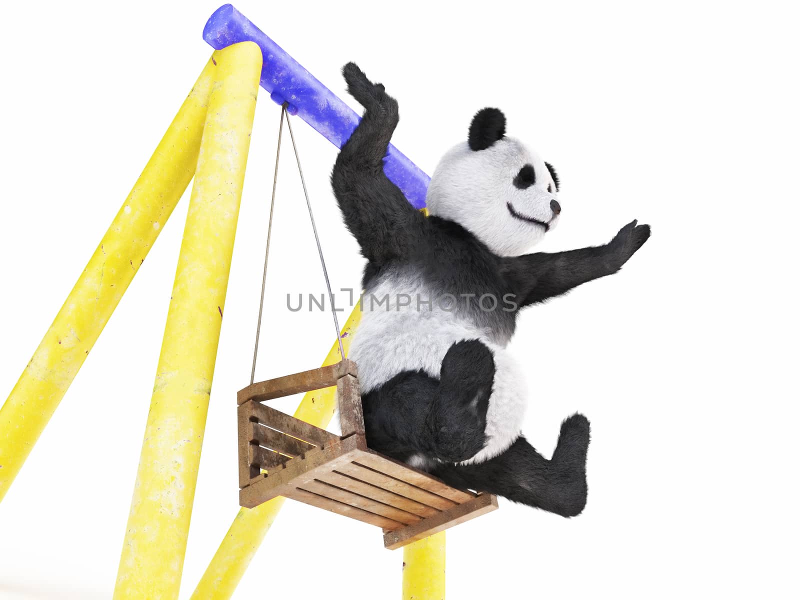 paws spread wide to sides cheerful character panda sitting on swing (yellow-blue seesaw). wobble and get ready to jump off wooden bench. fun cute photo-realistic three-dimensional illustration of mammals