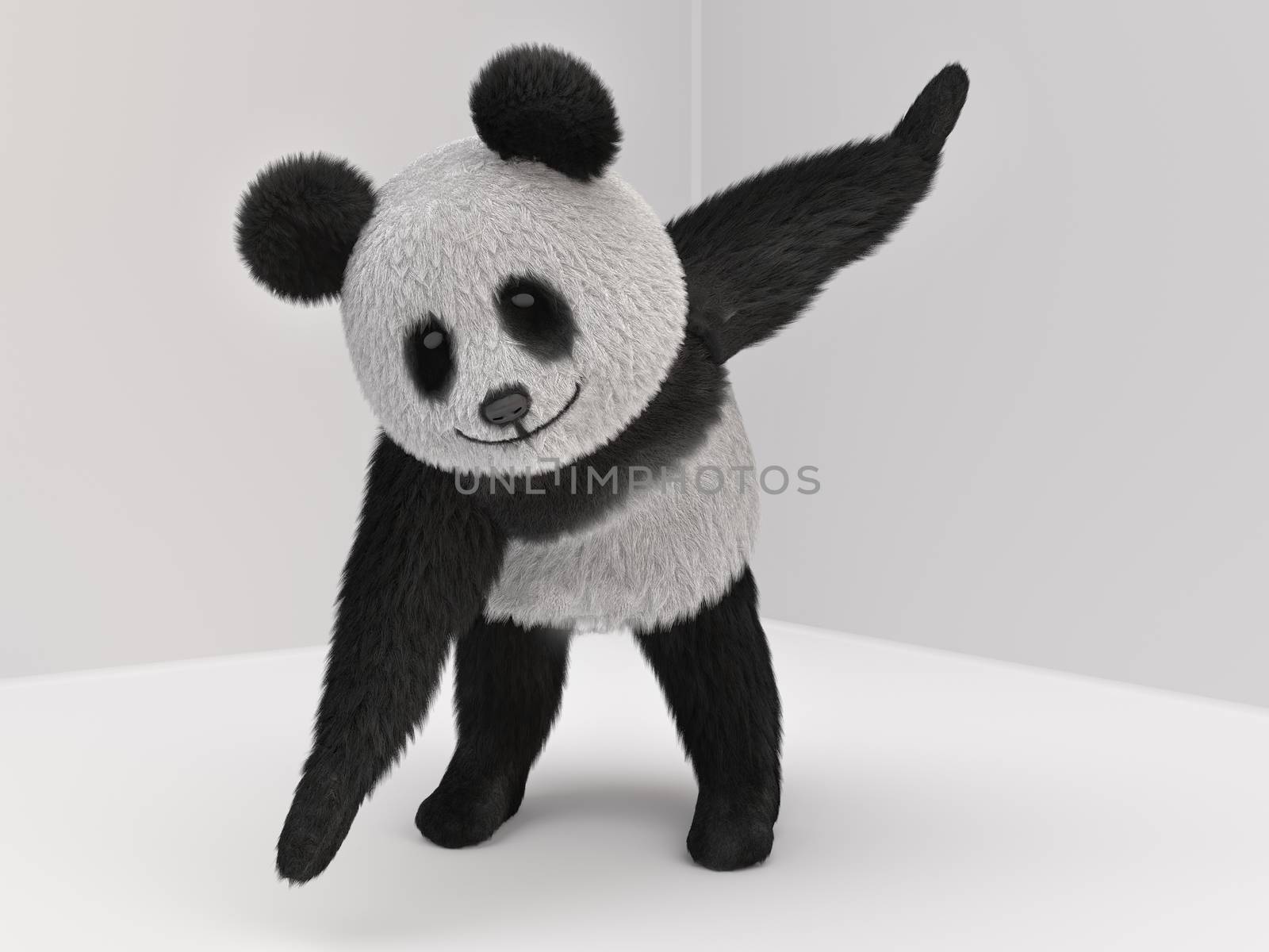 fluffy three-dimensional panda has been a warm-up, leaning with one hand down