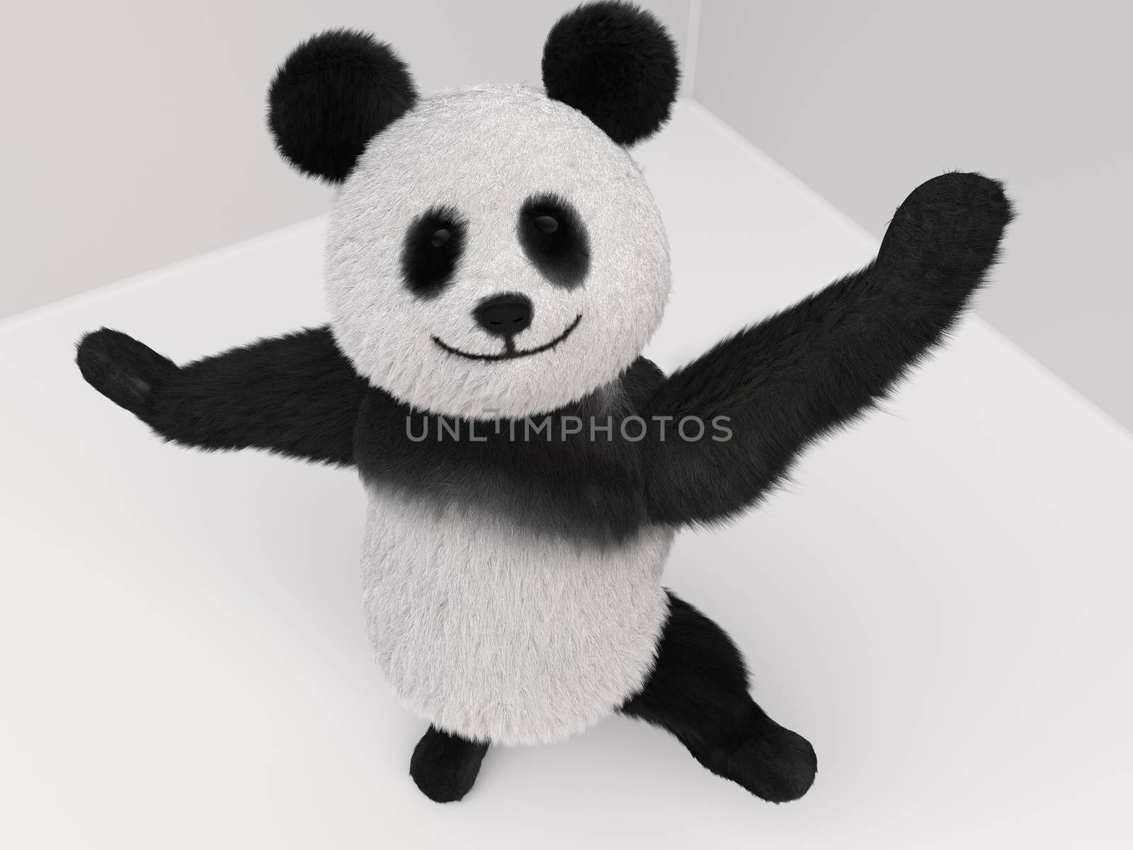fluffy three-dimensional panda pulls paw up