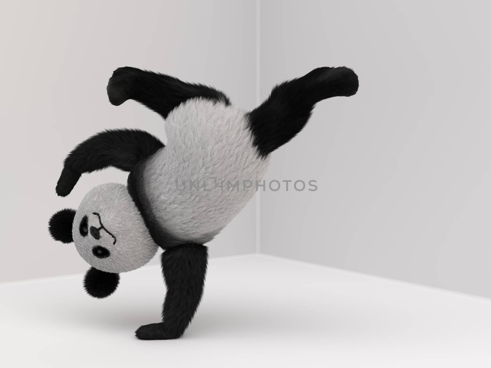 fluffy three-dimensional panda engaged breakdance. It stands in front of one hand
