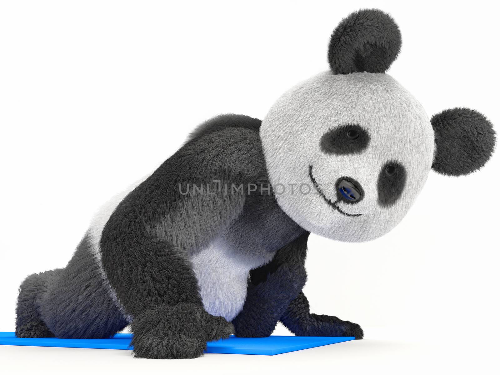panda sitting on a blue mat and doing twine stretching