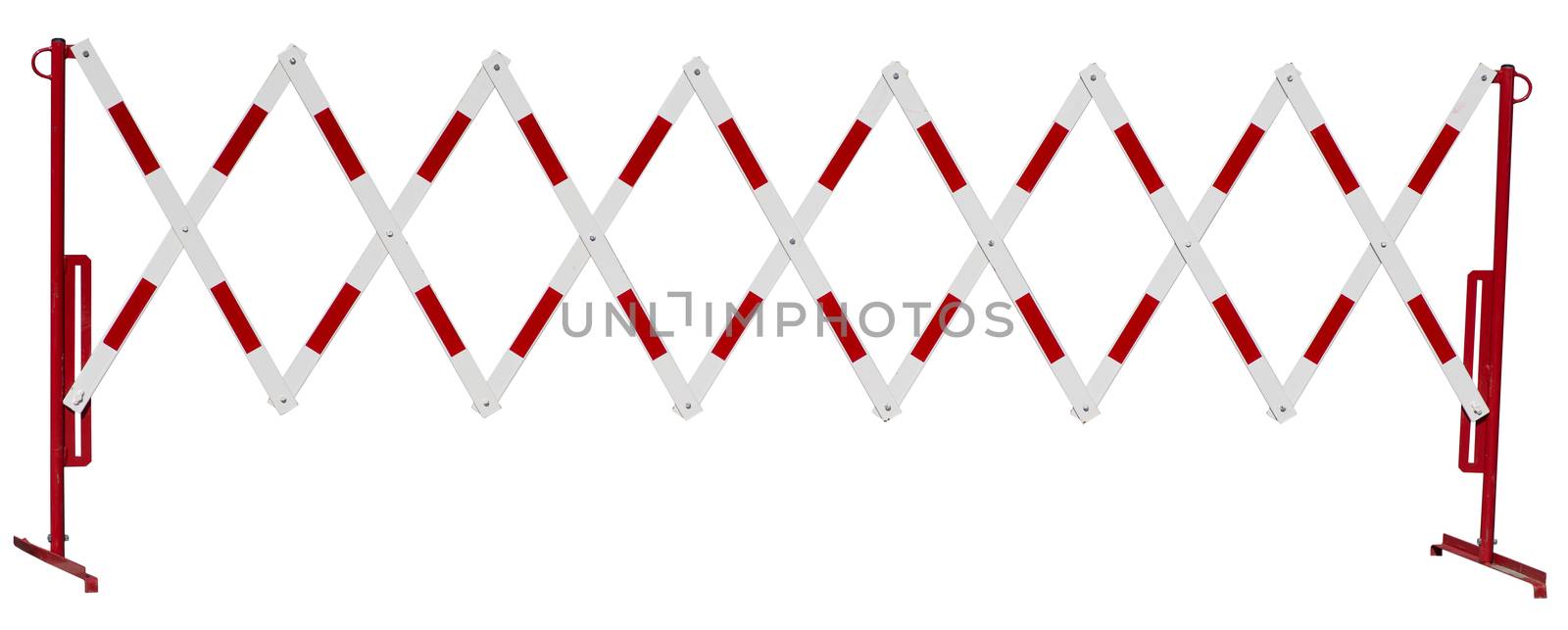 Red and white metal fence on isolated white background
