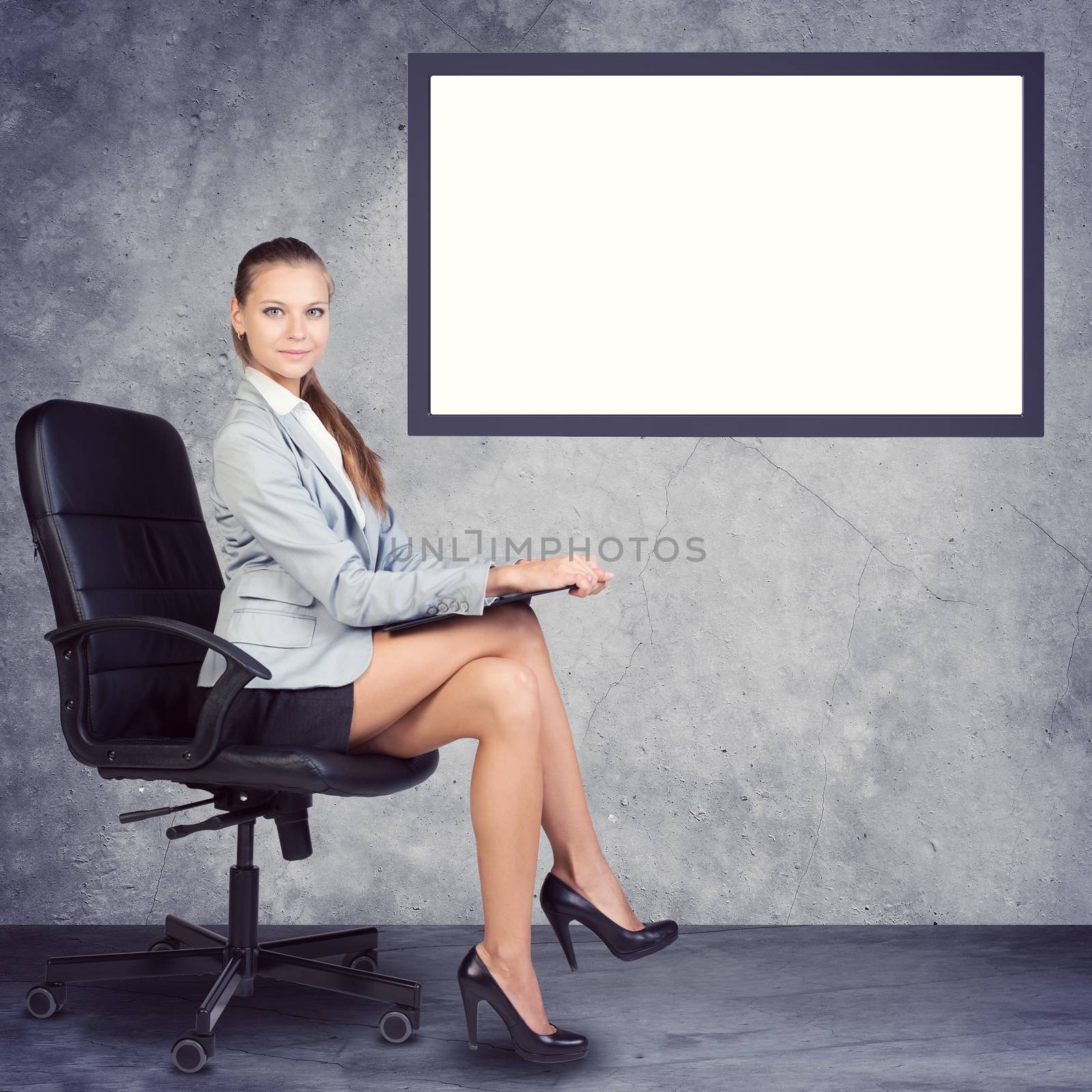 Business lady sitting in chair on abstract background with empty square shape place