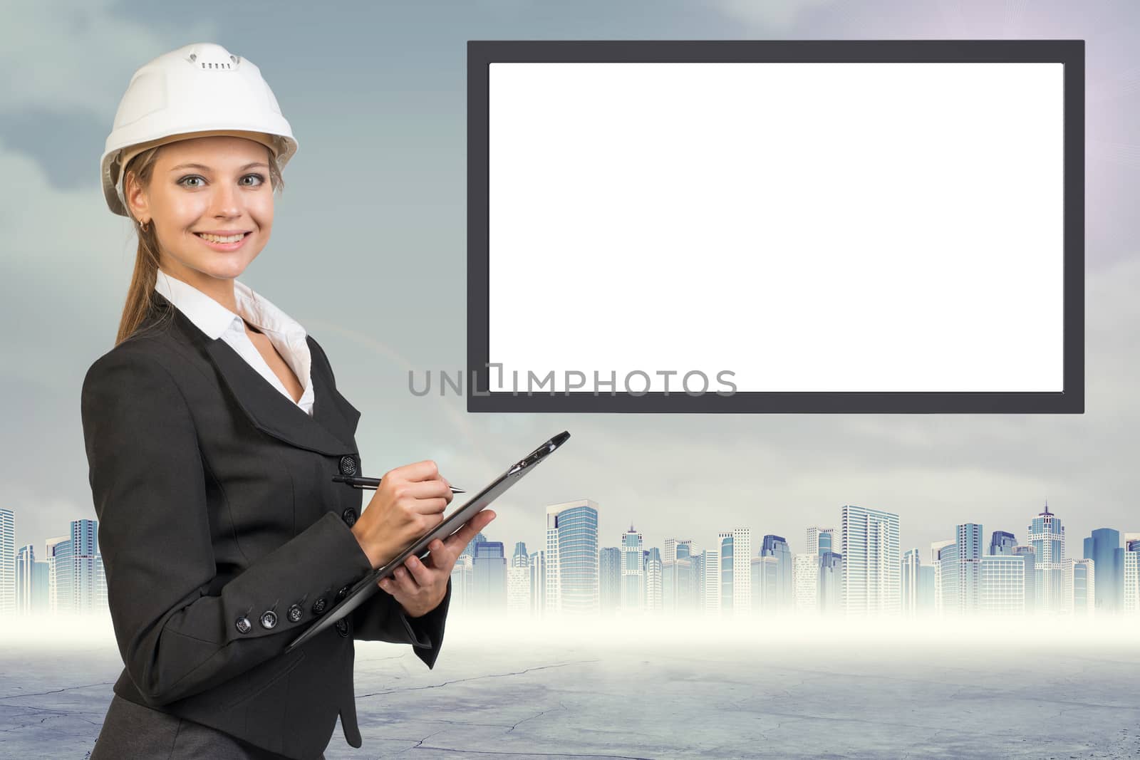 Business lady holding folder and pen on abstract background with empty square shape place