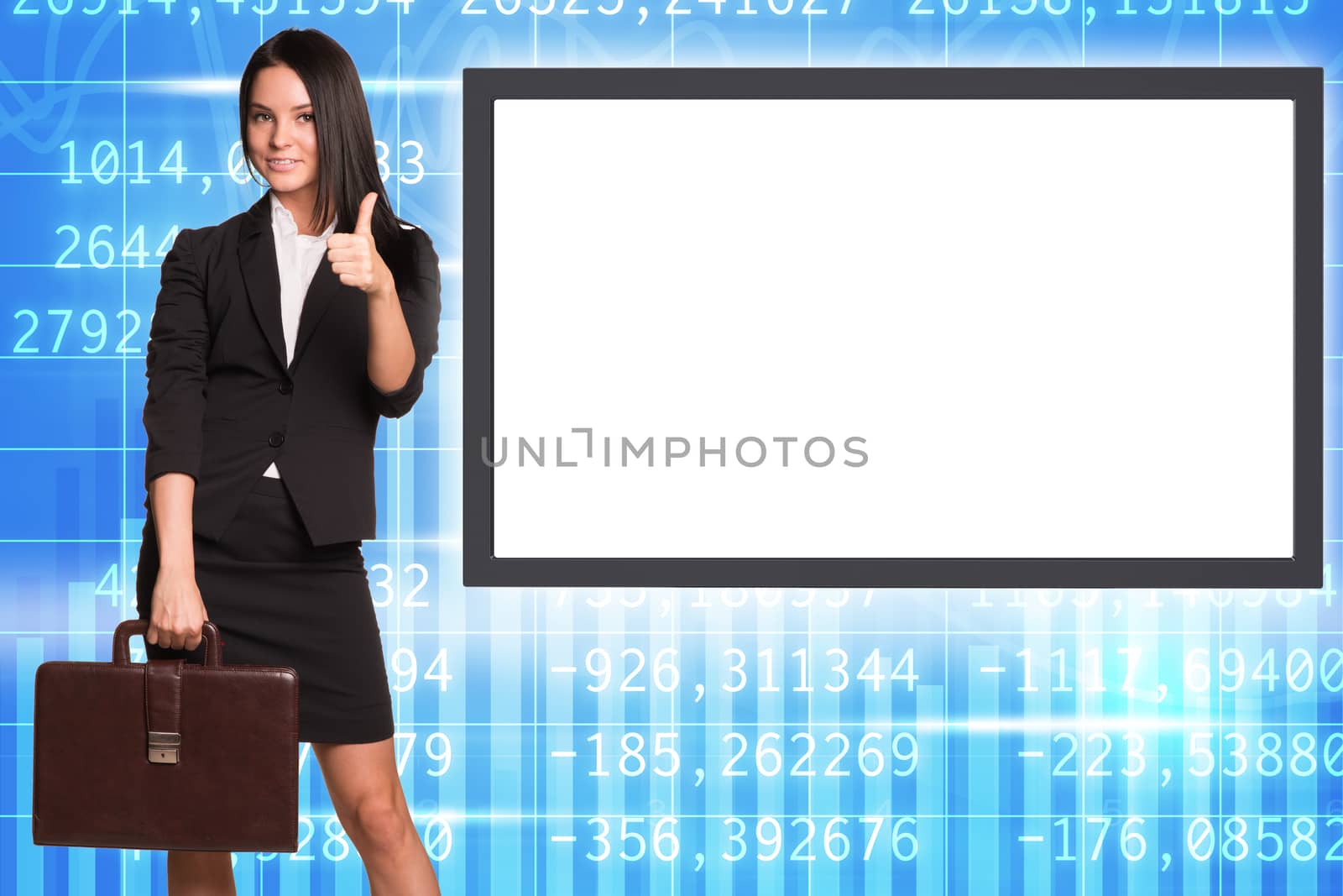 Business lady with suitcase showing ok on abstract background with empty square shape place