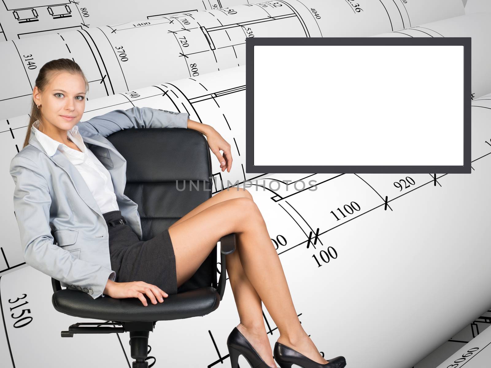 Business lady sitting in chair in relaxed posture on abstract background with empty square shape place