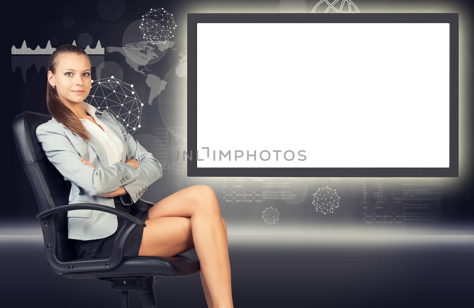 Thinking businesslady in chair with crossed arms by cherezoff