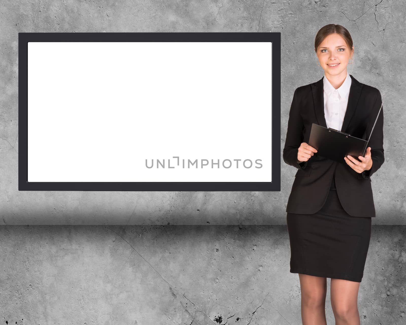 Business lady holding pen on abstract background with empty square shape place