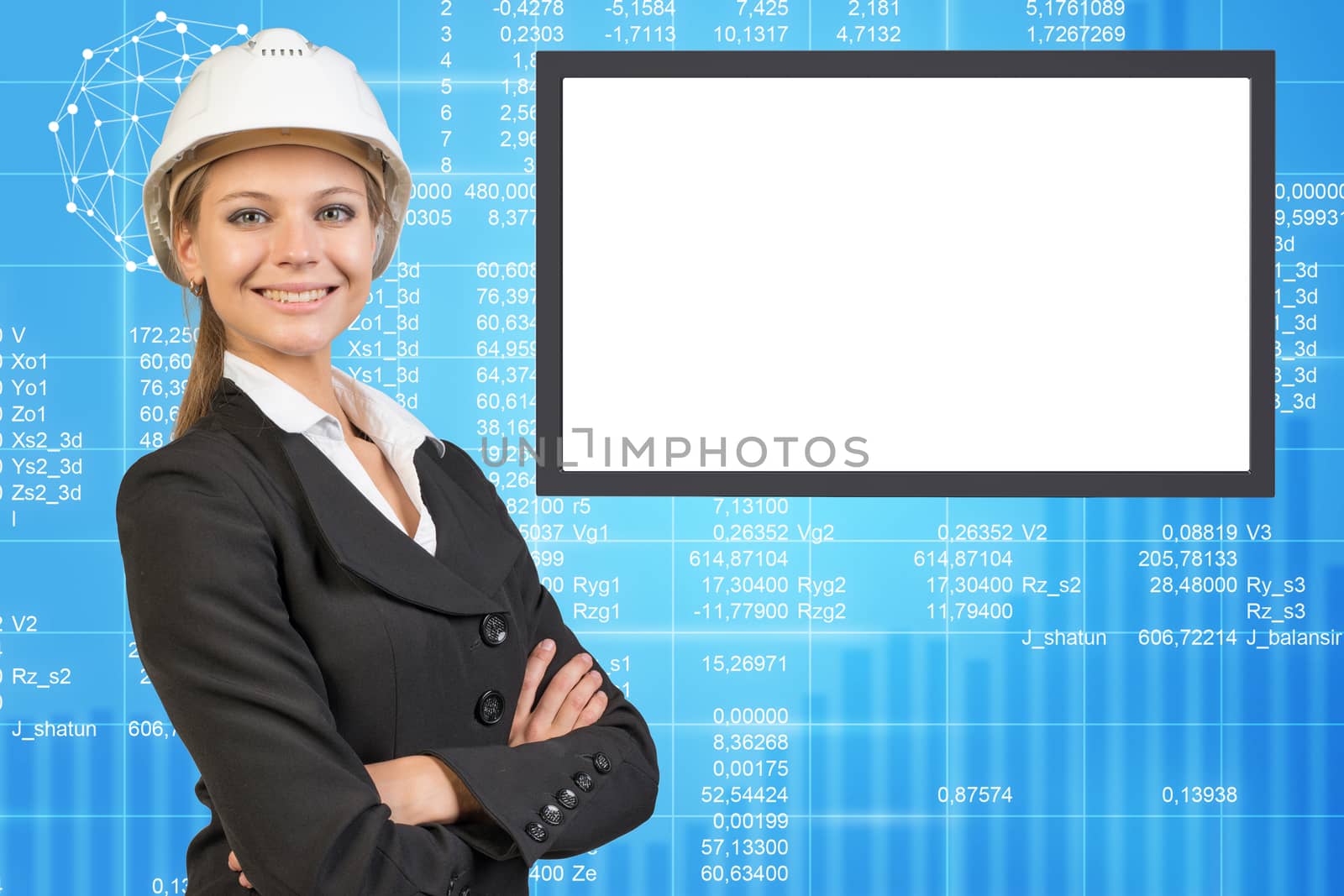 Business lady in helmet with crossed arms on abstract background with empty square shape place