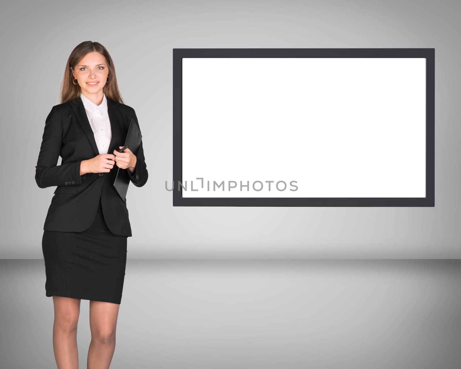 Business lady holding pen and folder on abstract background with empty square shape place