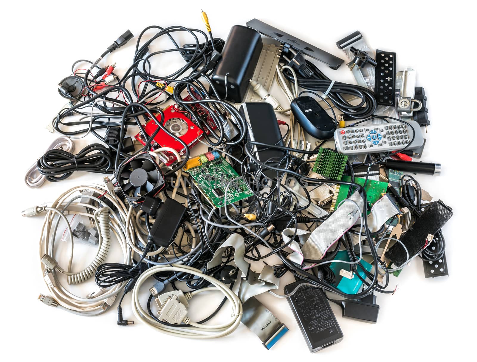 Pile of Old Computer Cables and Devices Isolated on White Background