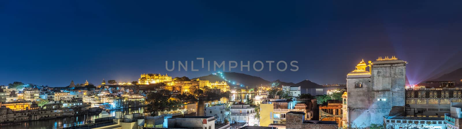 Udaipur at night, Panorama. Udaipur, Rajasthan, India, Asia