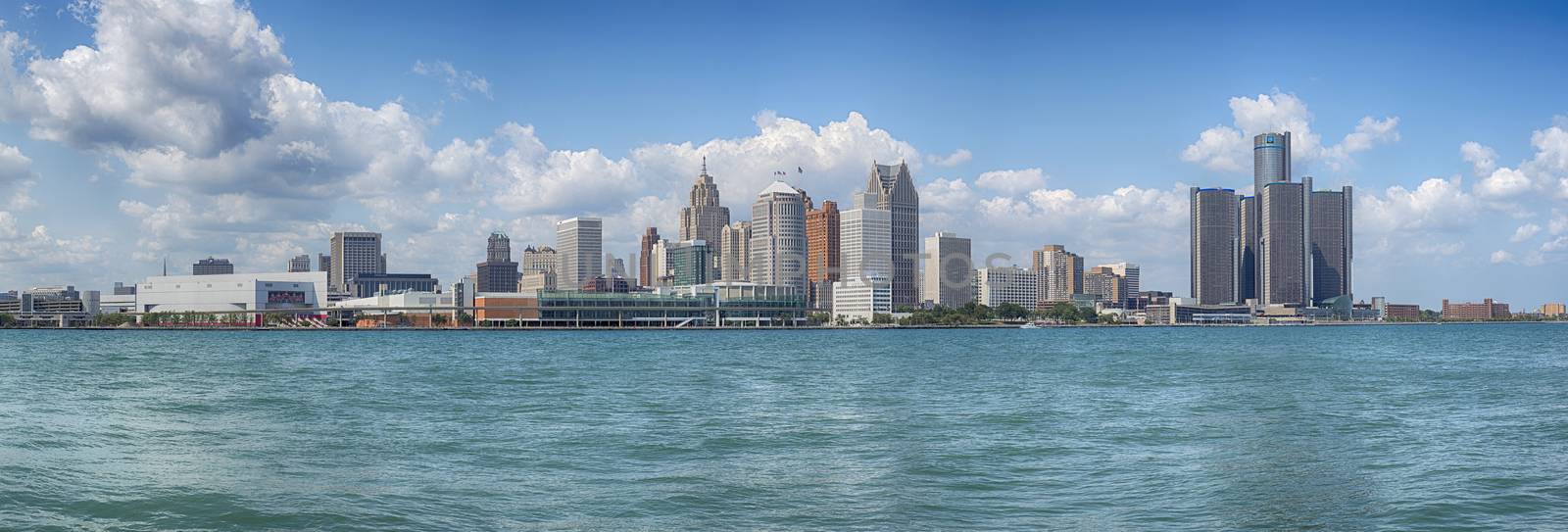 Panoramic view of Detroit oskyline from Windsor, Ontario.