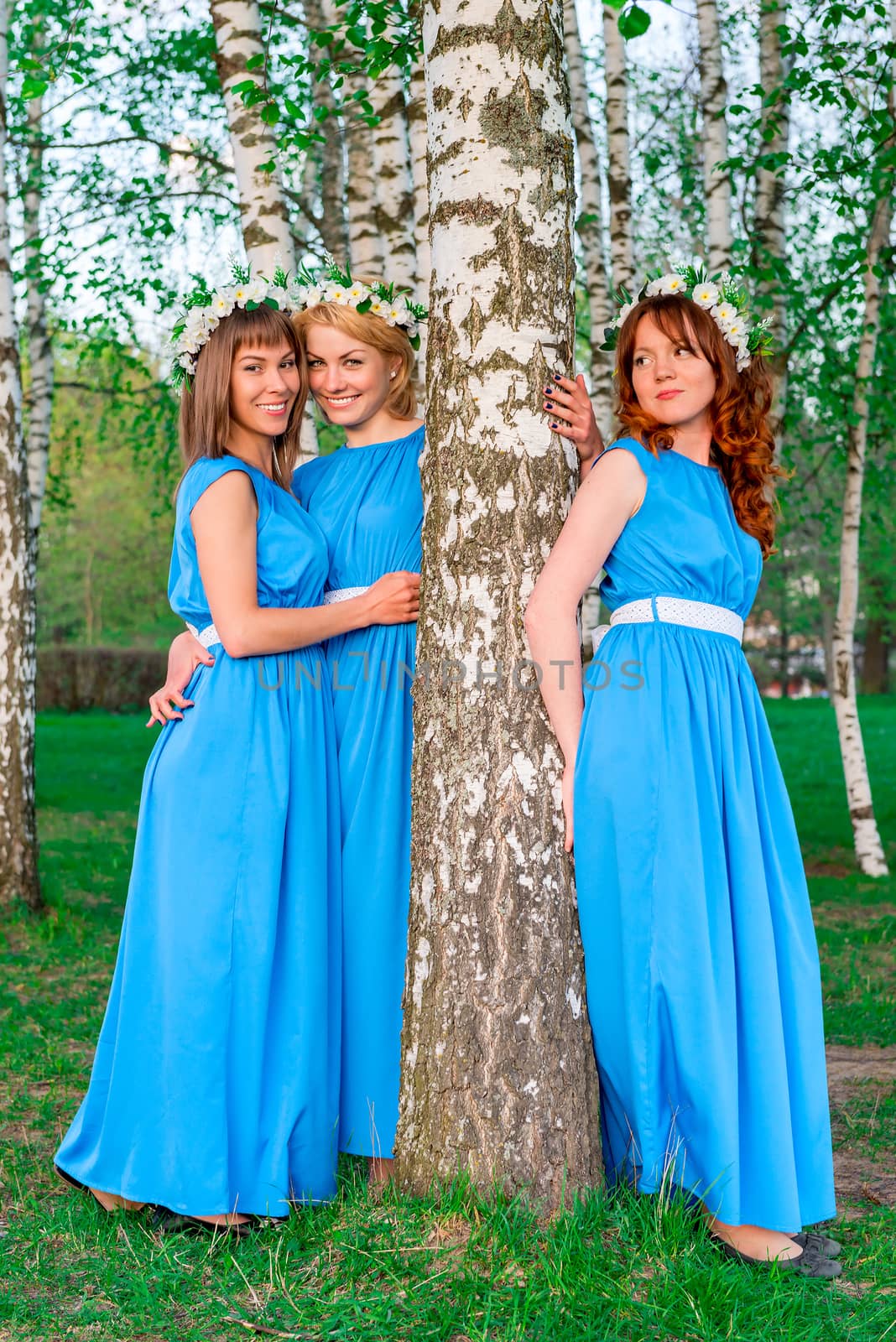 Beautiful Russian girl in a wreath of flowers around Birch by kosmsos111