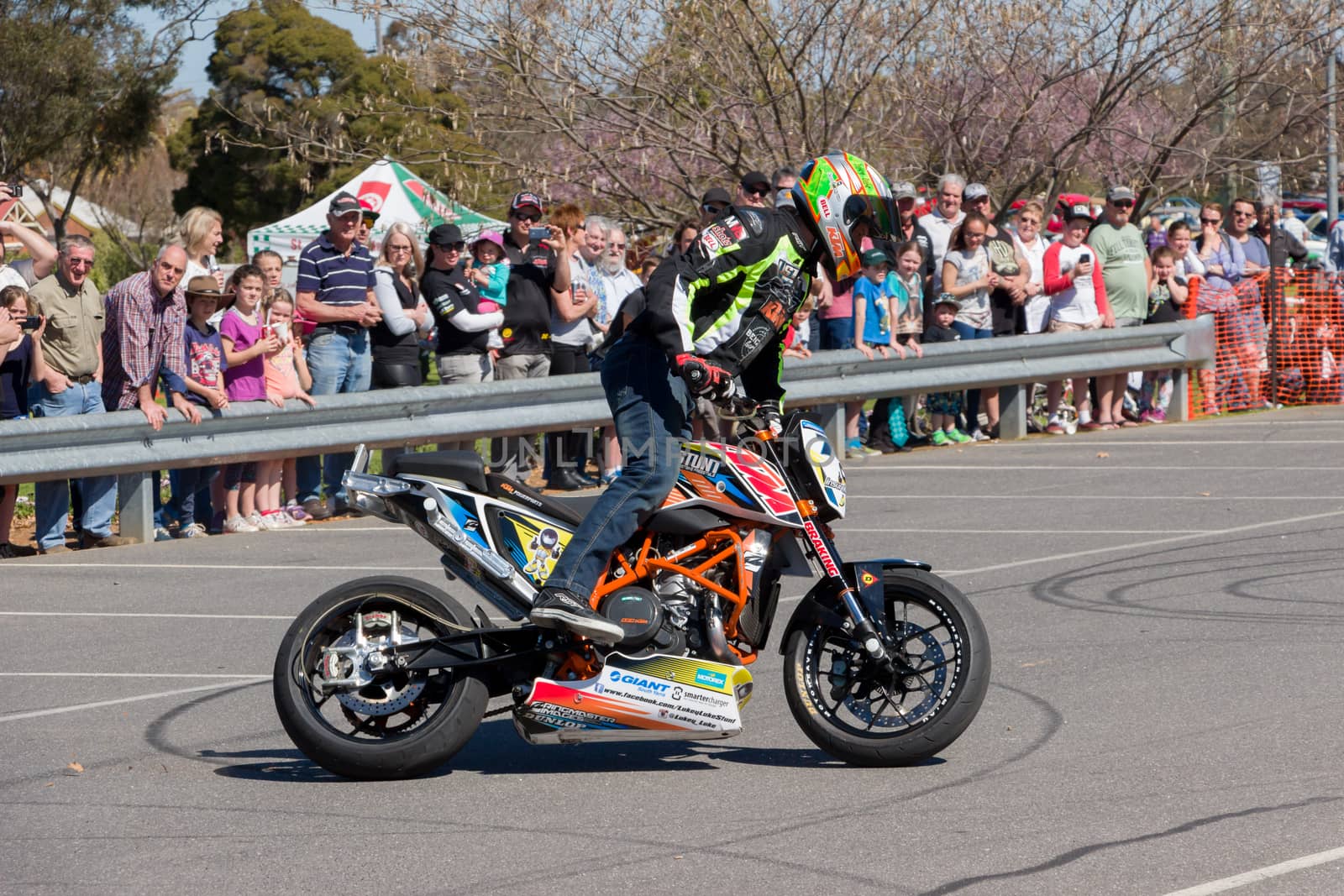 VICTORIA/AUSTRALIA - SEPTEMBER 2015: Stunt motorcycle rider performing at a local car show on the 13 September 2015 in Corowa.