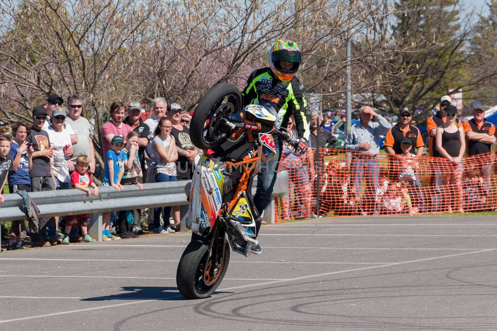 VICTORIA/AUSTRALIA - SEPTEMBER 2015: Stunt motorcycle rider performing at a local car show on the 13 September 2015 in Corowa.