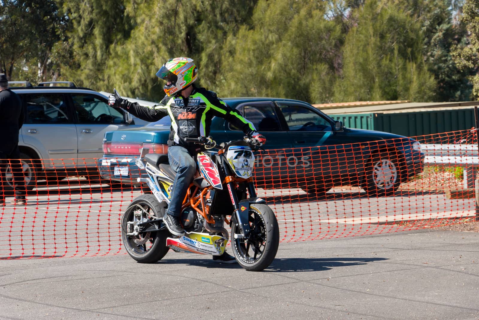 VICTORIA/AUSTRALIA - SEPTEMBER 2015: Stunt motorcycle rider performing at a local car show on the 13 September 2015 in Corowa.