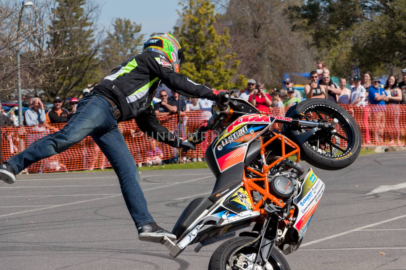 VICTORIA/AUSTRALIA - SEPTEMBER 2015: Stunt motorcycle rider performing at a local car show on the 13 September 2015 in Corowa.