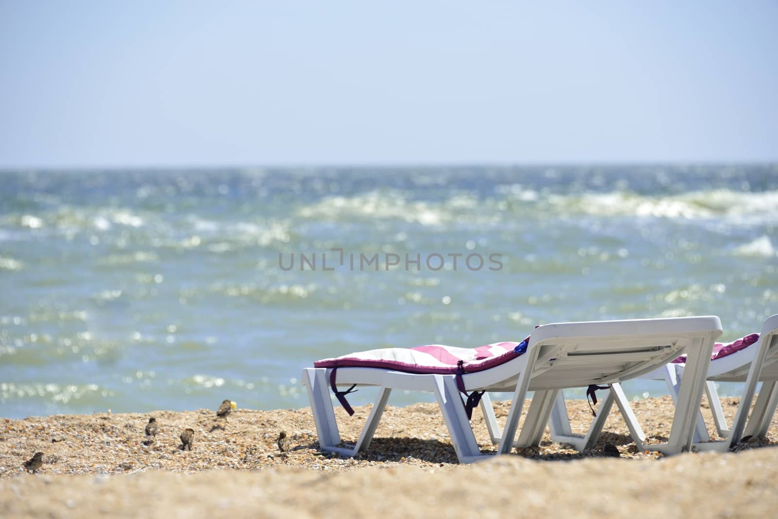 white sunbed near sea on sand ( summer holiday)