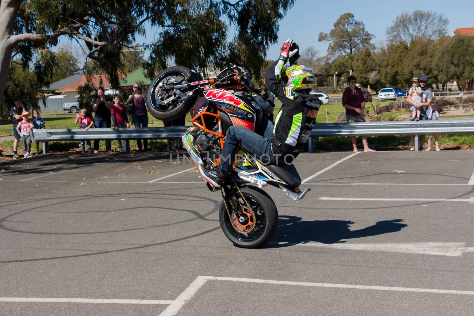 VICTORIA/AUSTRALIA - SEPTEMBER 2015: Stunt motorcycle rider performing at a local car show on the 13 September 2015 in Corowa.