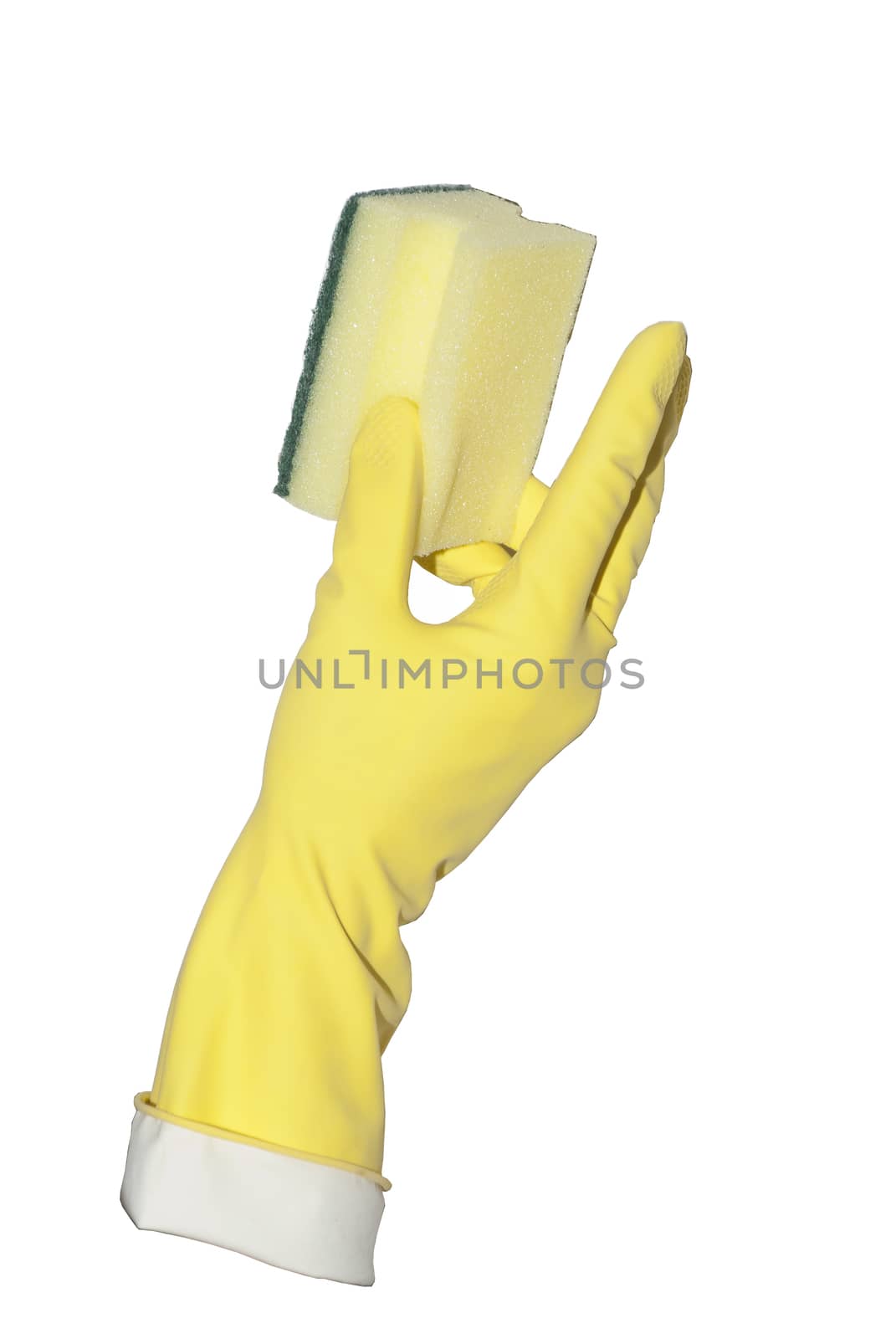 yellow glove holds profiled household sponge