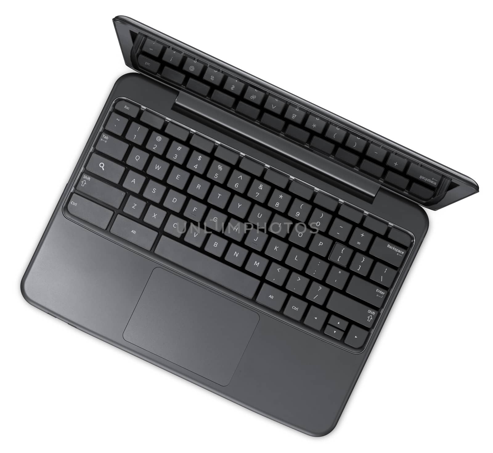 Open black laptop computer, isolated on white background.