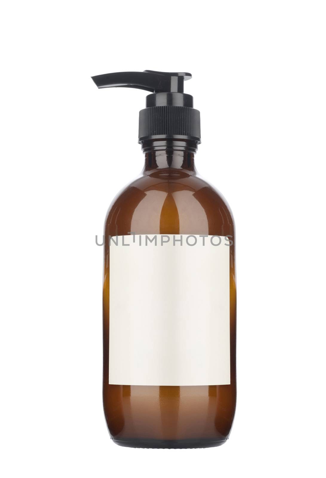 Plastic pump soap bottle without label reflected