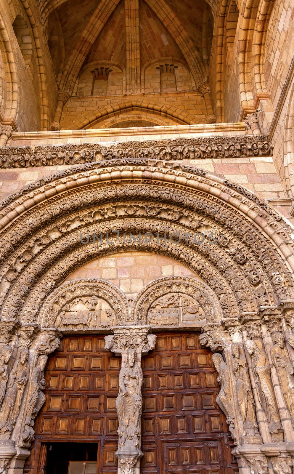 Cathedral Door Avila Castile Spain  Gothic church built in the 1100s.  Avila is a an ancient walled medieval city in Spain.  