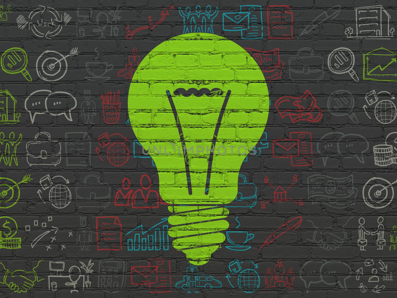 Finance concept: Painted green Light Bulb icon on Black Brick wall background with  Hand Drawn Business Icons