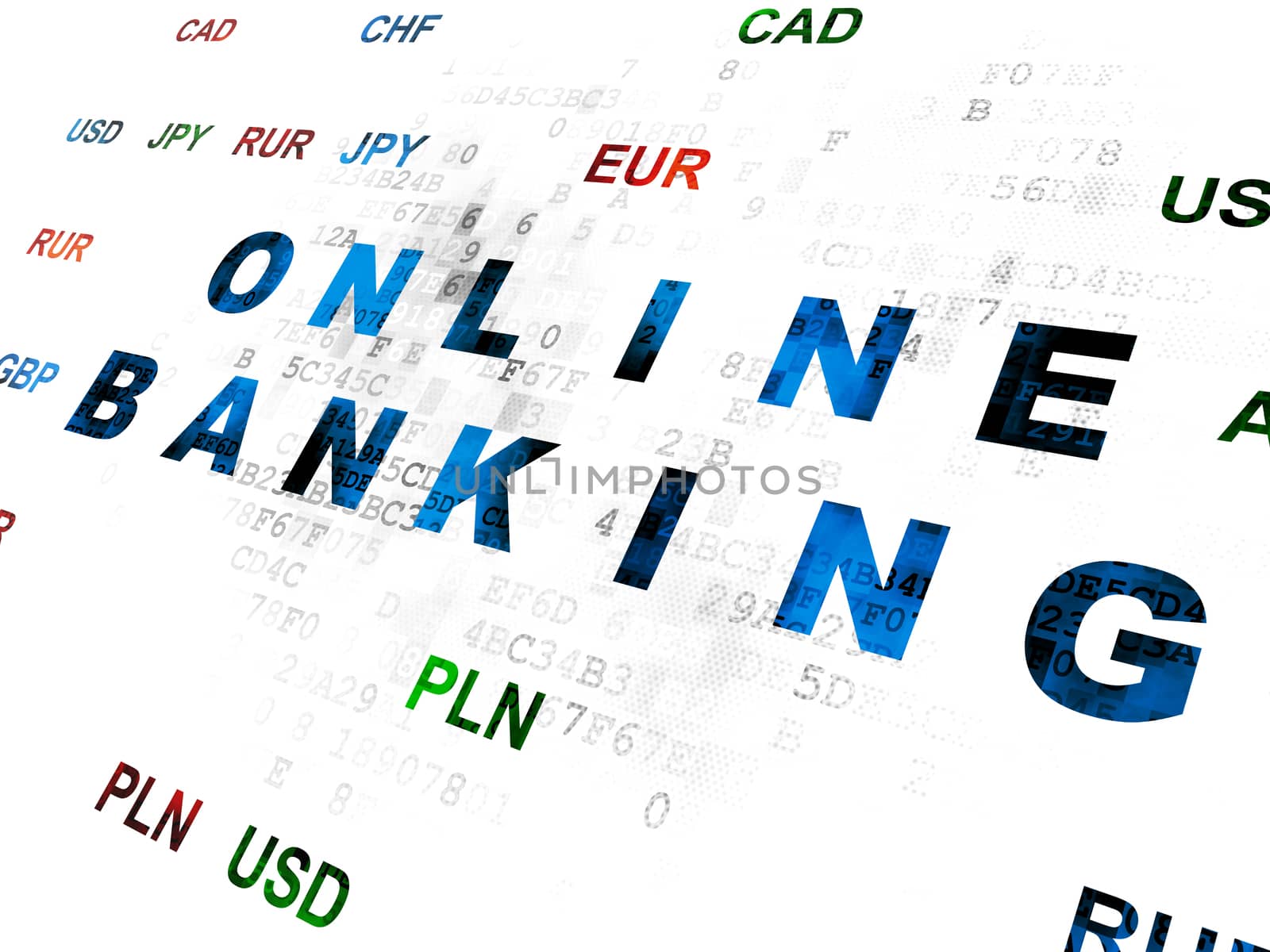 Finance concept: Pixelated blue text Online Banking on Digital wall background with Currency
